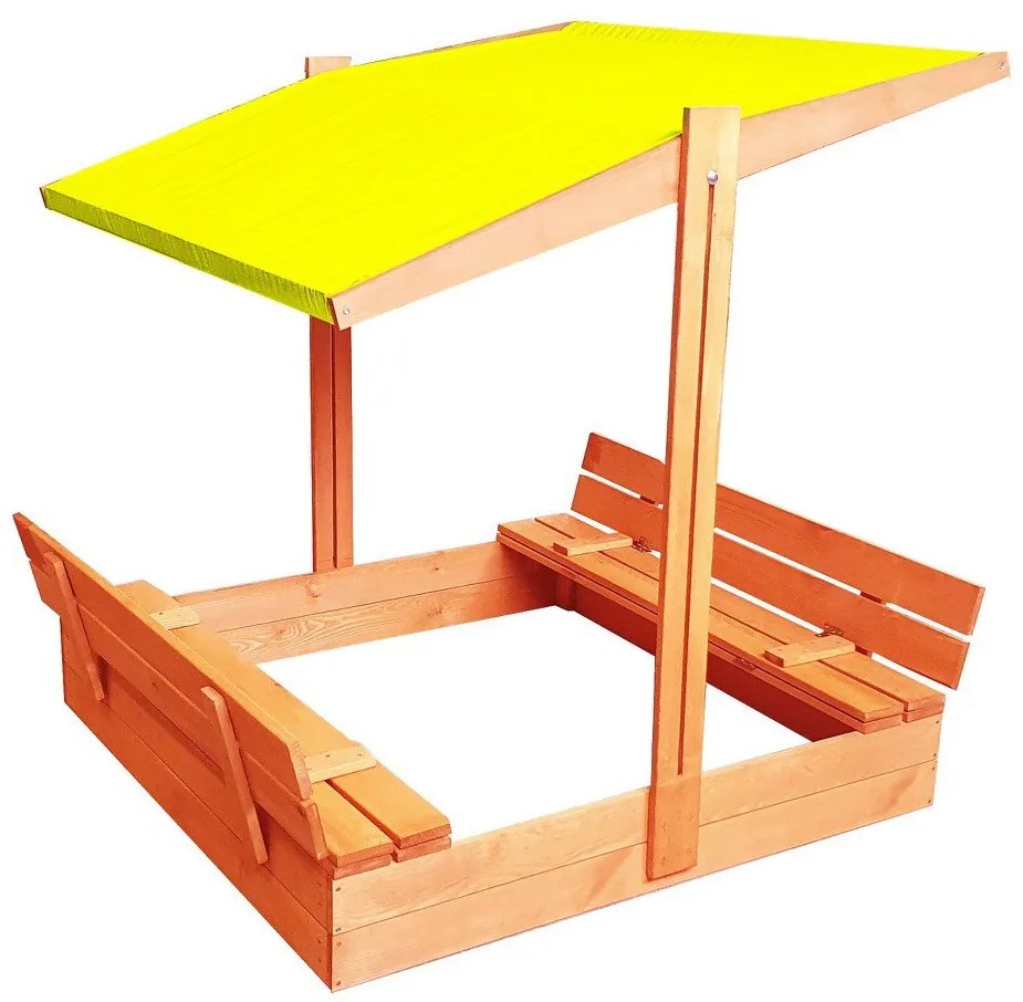 Zatvárateľné pieskovisko s lavičkami a strieškou žltej farby 120 x 120 cm