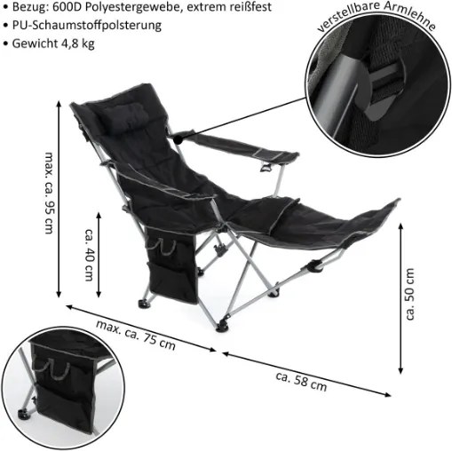 Divero 75907 Kempingová stolička s odnímateľnou podnožkou, čierna