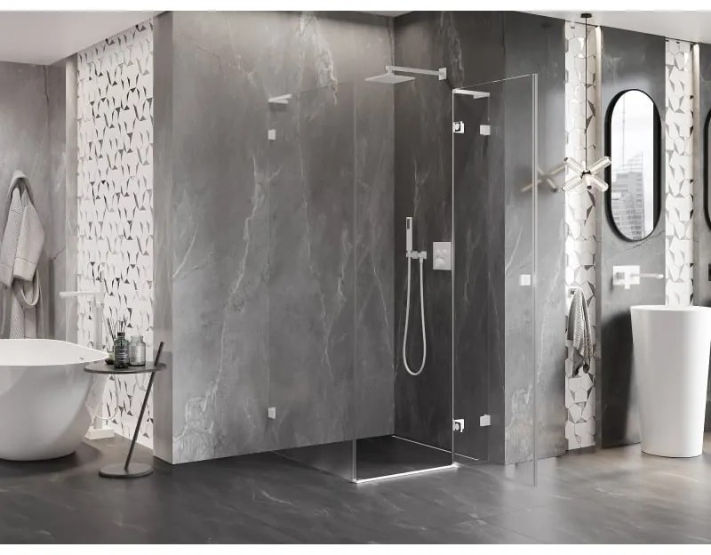 Mexen Lunar, L pravý výklopný sprchový kút 70 x 70 cm, 8mm číre sklo, biely profil, 834L-070-070-20-00-P