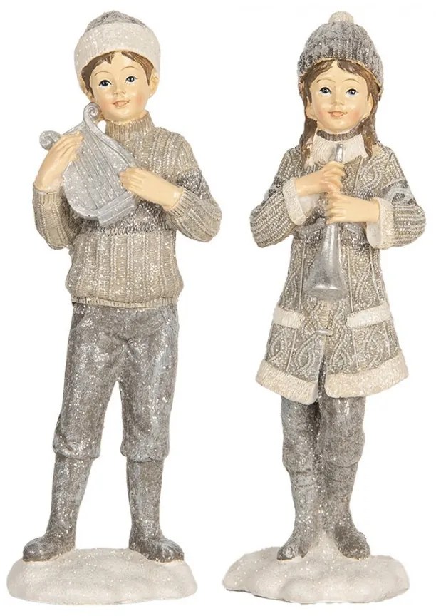 Šedá dekorácia dievča a chlapec s hudobnými nástrojmi - 8*7*22 cm