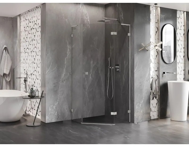 Mexen Lunar, L pravý výklopný päťuholníkový sprchový kút 100x100 cm, 8mm číre sklo, oceľový profil, 831L-100P-100L-97-00-P