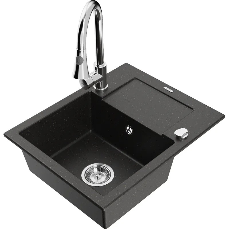 Mexen Enzo, 1-komorový granitový drez 576x465x174 mm a drezová batéria Elia, čierna-zlatá metalíza, 6506-75-670101-00