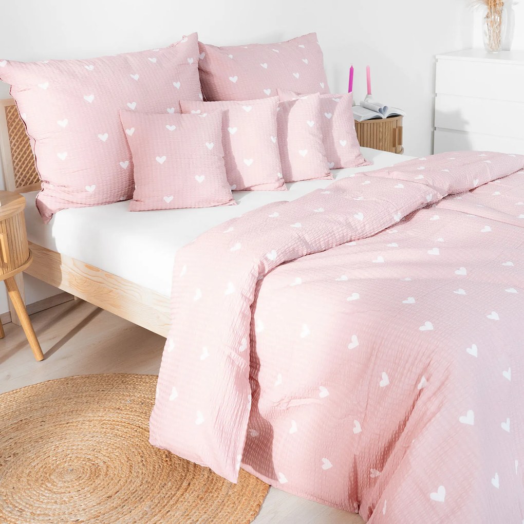 Goldea krepové posteľné obliečky - srdiečka na púdrovo ružovom 140 x 220 a 70 x 90 cm