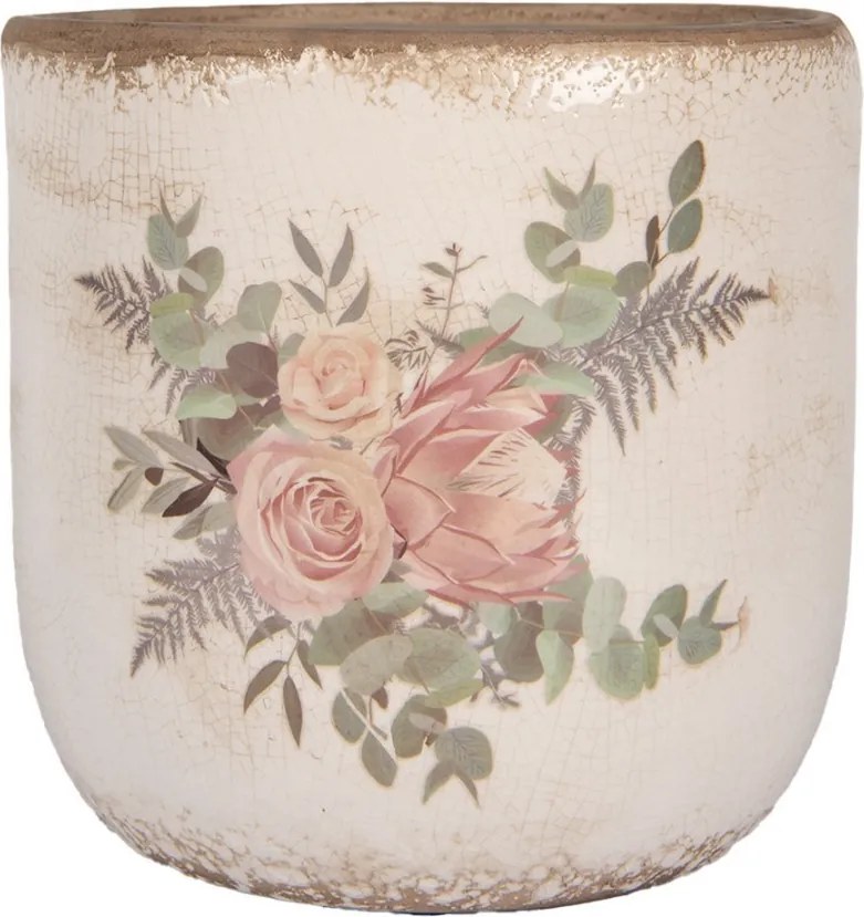 Béžový keramický kvetináč s kvetmi Protea Eucalypt L - Ø 18*17 cm