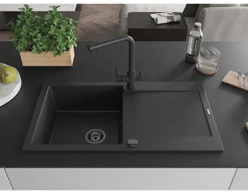 Mexen Leo, drez granitový 900x500x190 mm, 1-komorový a čierna batéria Duero, čierna, 6501-77-671600-70-B