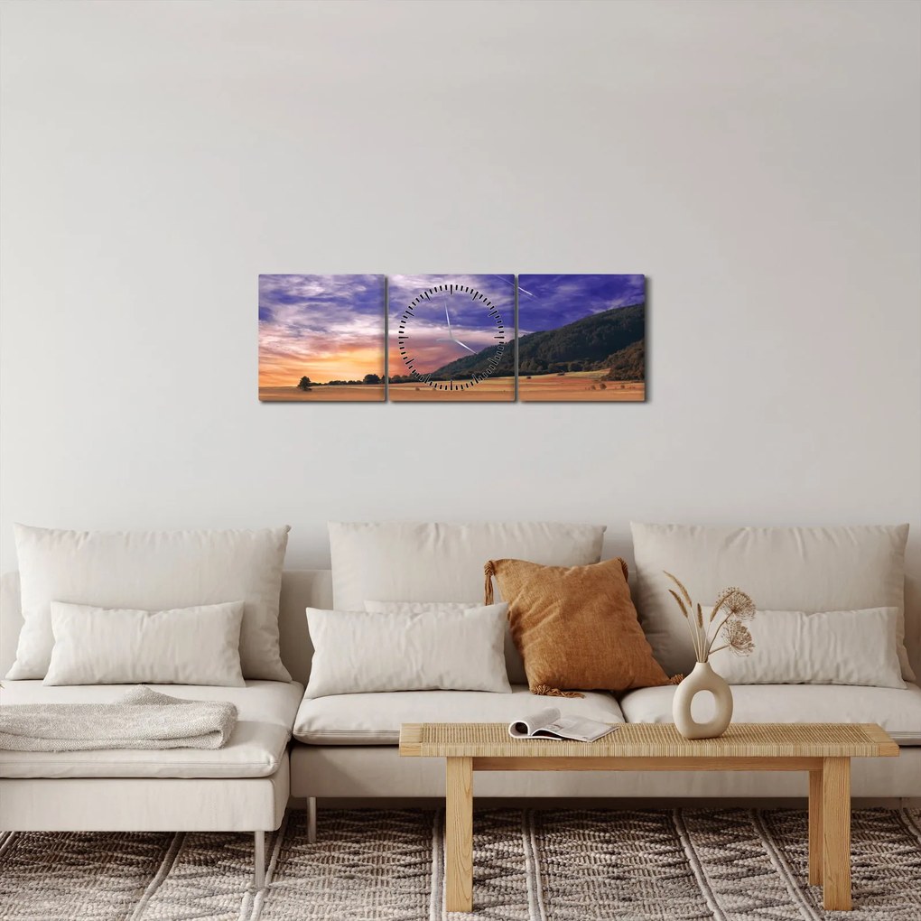 Obraz levanduľovej lúky (s hodinami) (90x30 cm)