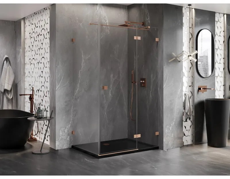 Mexen Lunar T, výklopný pravý sprchový kút 140 x 90 cm, 8mm číre sklo, profil medená matná, 834T-140-090-65-00-P