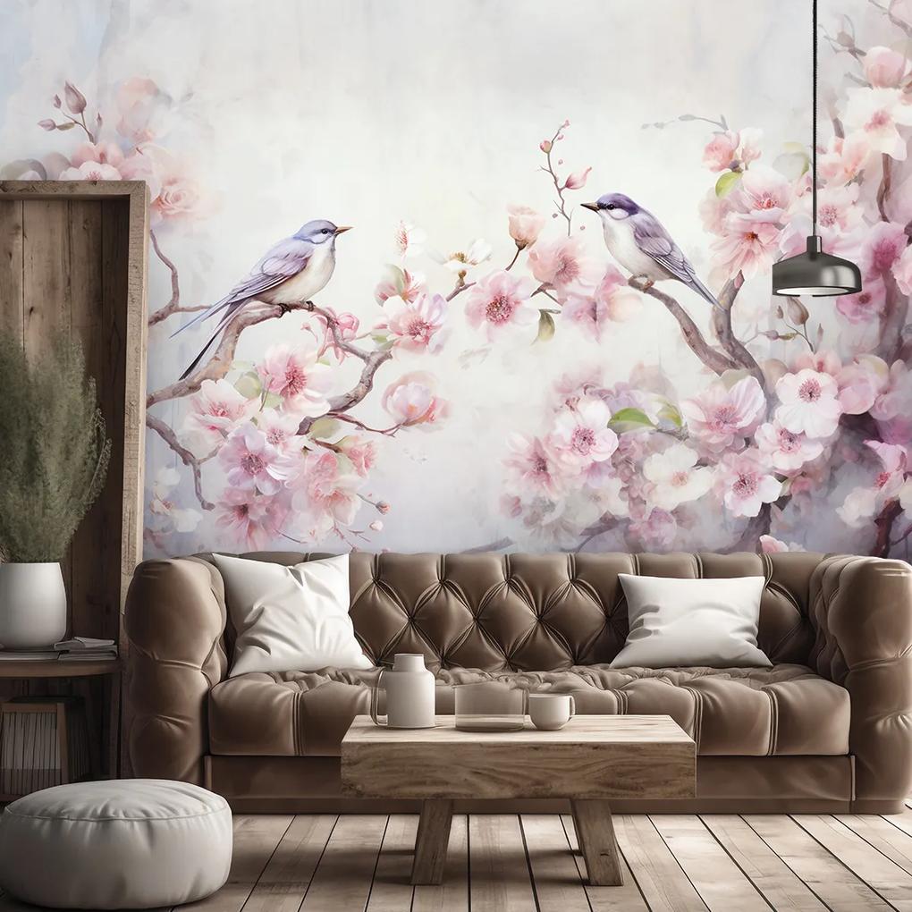 Fototapeta, Ptáci a květiny Shabby Chic - 150x105 cm
