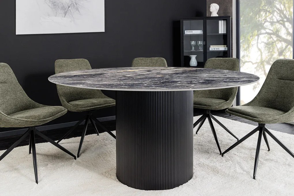 Jedálenský stôl UNIQUE 120 cm okrúhly s tmavým rámom, keramicko-sivým mramorovým vrchom