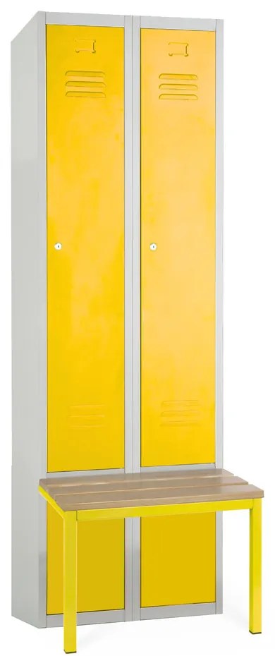 Kovová šatníková skrinka s lavičkou, 60 x 85 x 185 cm, sokel, cylindrický zámok, žltá - ral 1023