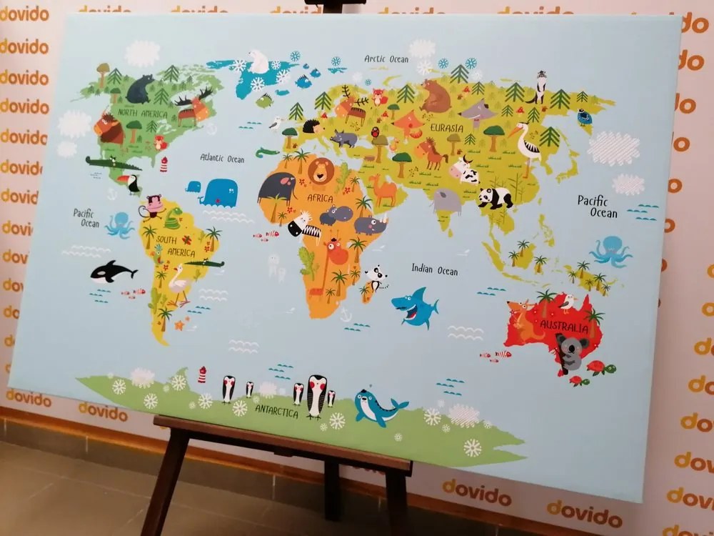 Obraz na korku detská mapa sveta so zvieratkami