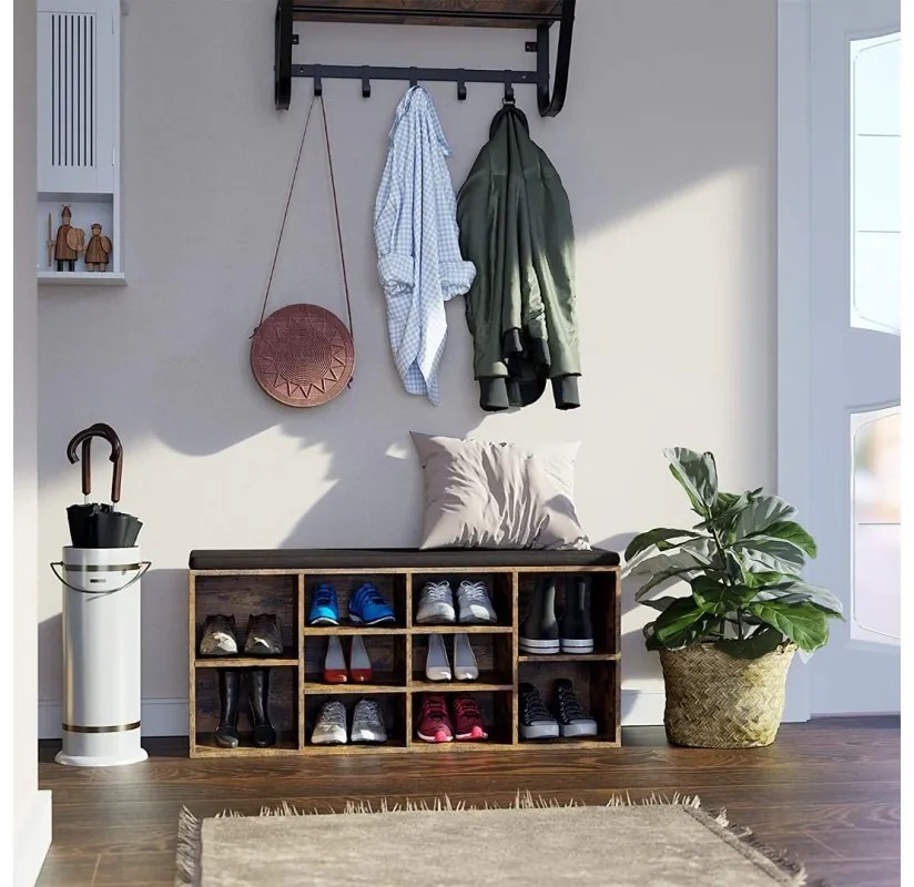 Botník s čalúnenou lavicou GABI, 10 priehradiek, 104x30x48cm, čierna/tmavá hnedá Jurhan