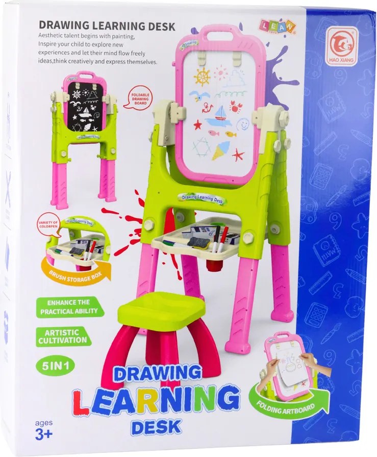 LEAN Toys Vzdelávacia tabuľa 5v1 so stoličkou Multifunkčné príslušenstvo Ružová