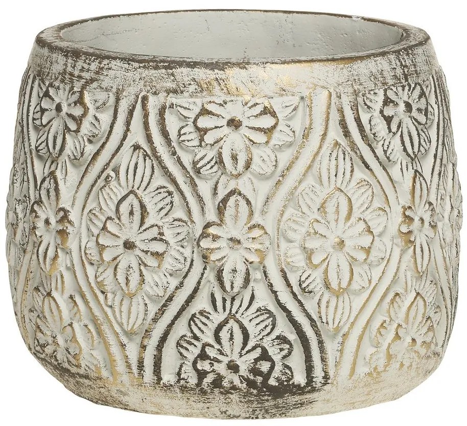 Bielo - zlatý antik cementový obal na kvetináč s kvetmi Vittel L - Ø17*14 cm