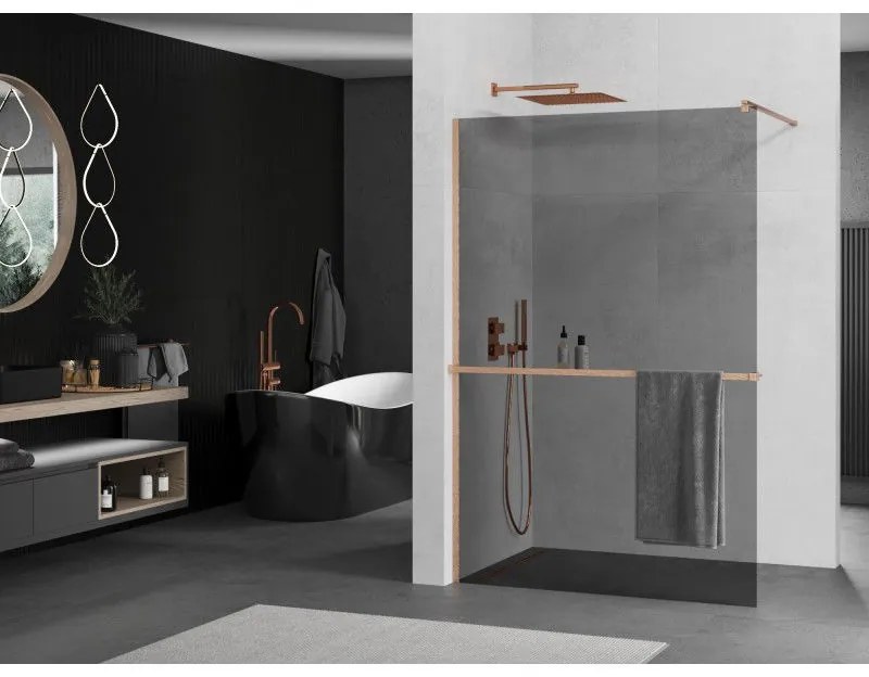 Mexen Kioto+, sprchová zástena Walk-In s poličkou a vešiakom 120 x 200 cm, 8mm šedé sklo, medený matný profil, 800-120-121-65-40