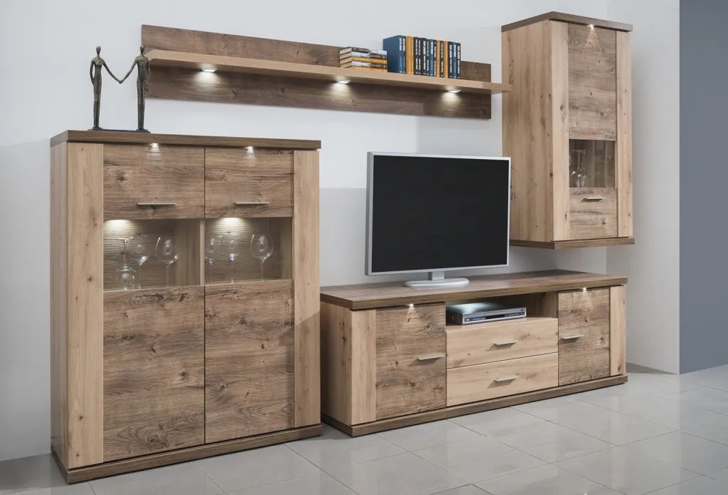 Obývacia stena Grande, dub artisan / dub Ribbeck, s osvetlením