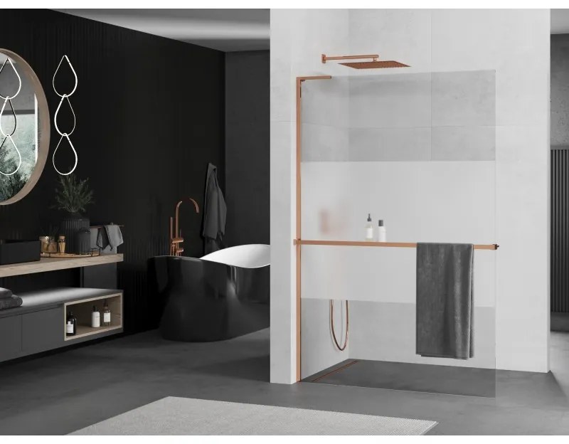 Mexen Kioto+ L, sprchová zástena Walk-In s poličkou a vešiakom 120 x 200 cm, 8mm číre sklo-námraza, ružové zlato profil, 800-120-123-60-35