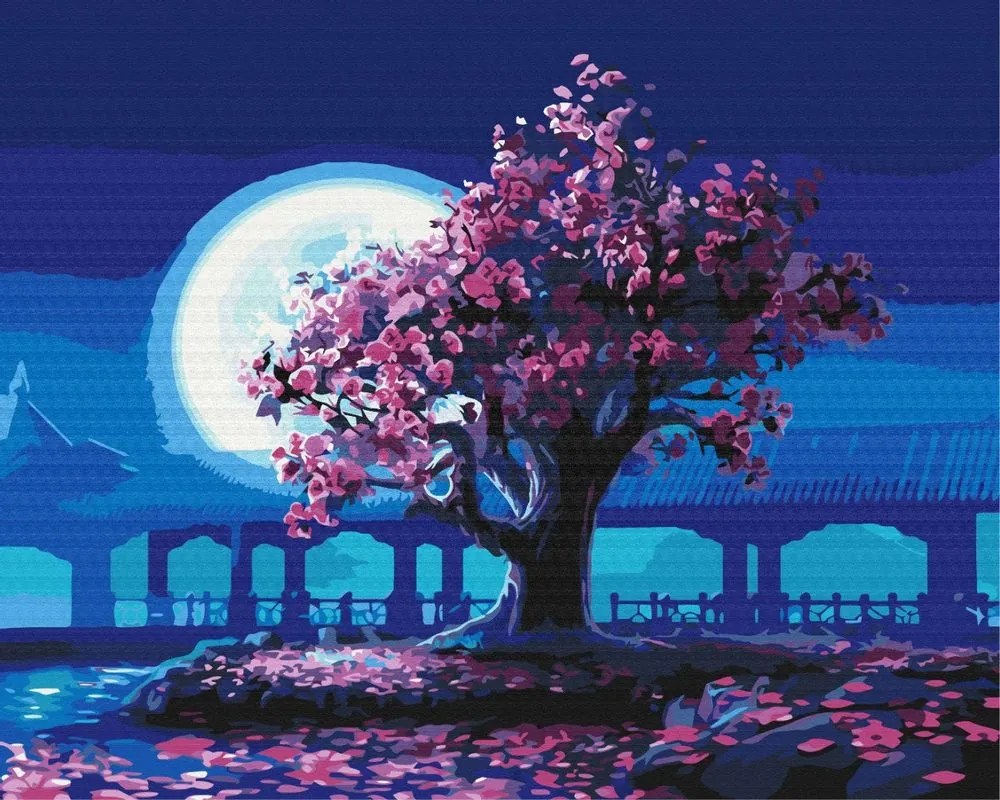 Maľovanie podľa čísiel nádherná sakura v mesačnom svite