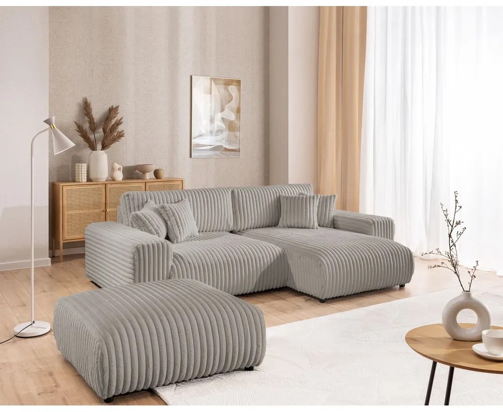 Svetlosivá menčestrová rozkladacia/s úložným priestorom rohová pohovka (pravý roh) Sarina – Ropez