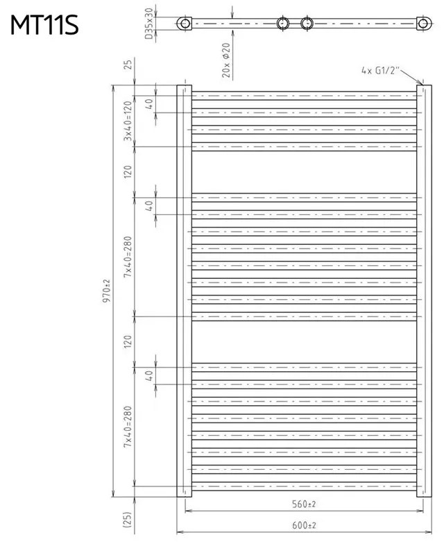 Mereo, Vykurovací rebrík 450x1690 mm, rovný, biely, stredové pripojenie, MER-MT03S