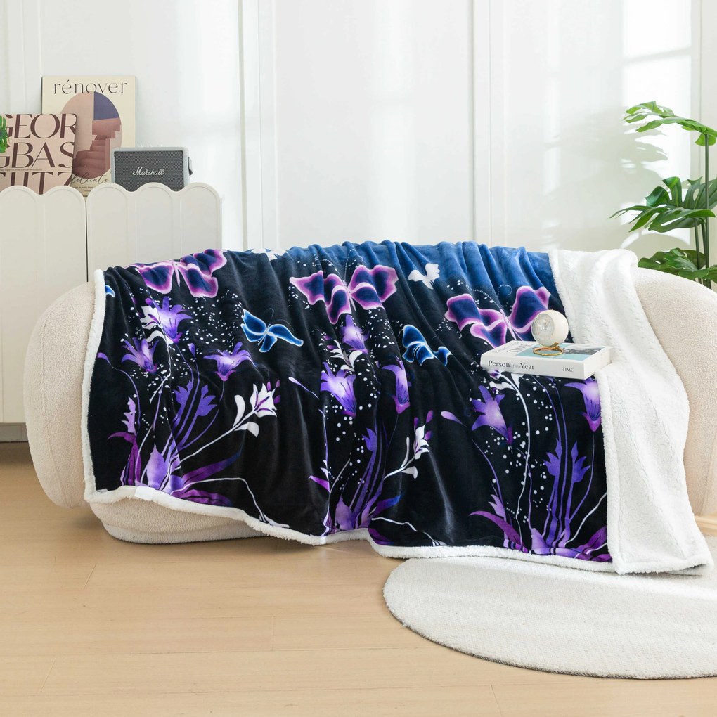 Mikroplyšová baránková deka VIOLET BUTTERFLY tmavomodrá Rozmer: 160 x 200 cm