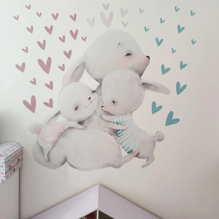 Akvarelová nálepka na stenu - Rodinka zajačikov so srdiečkami