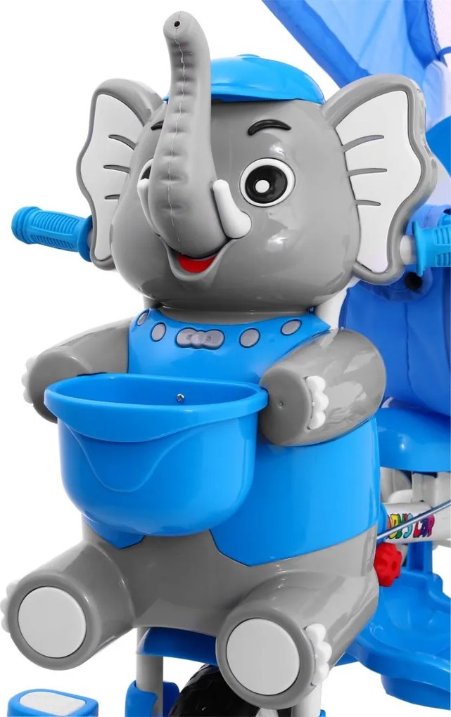 Ramiz Detský trojkolesový bicykel Elephant Modrá + zvuky + strieška + zábrana + opierka na nohy + rukoväť + úložný priestor