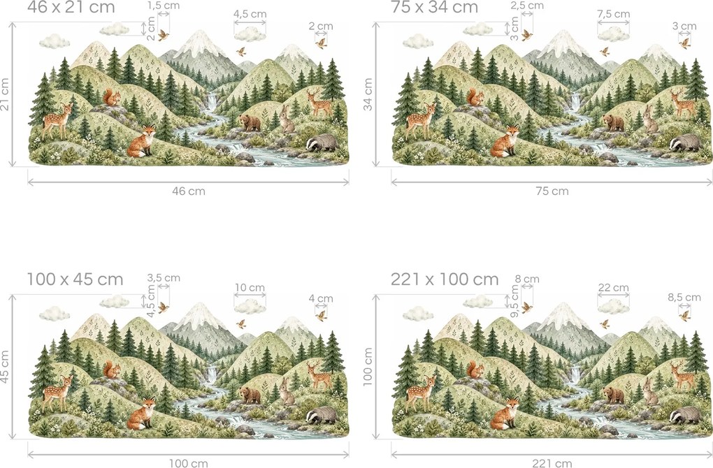 Horská rieka a zvieratká akvarelové detské nálepky za posteľ na stenu hárok 46 x 21 cm