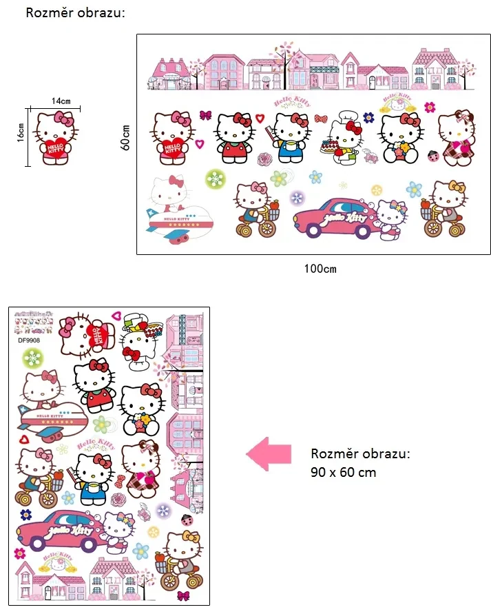 Veselá Stena Samolepka na stenu na stenu Hello Kitty s domčekmi