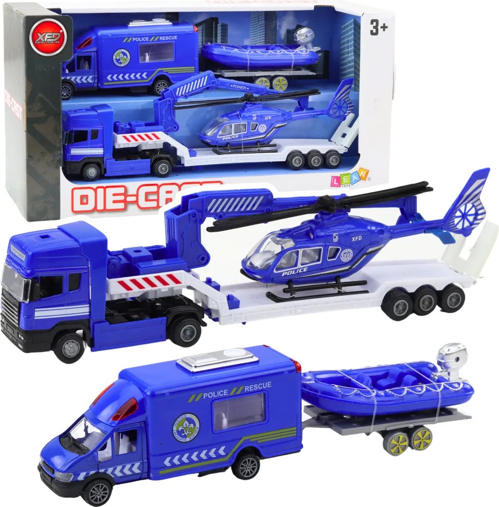 LEAN Toys Súprava: Policajné auto, záchranné vozidlo, loď, nákladné auto, vrtuľník – modrá