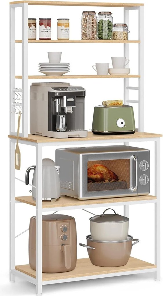 Regál do kuchyne, Stojan na mikrovlnku, 6 políc a 6 hákov, farba dub a biela