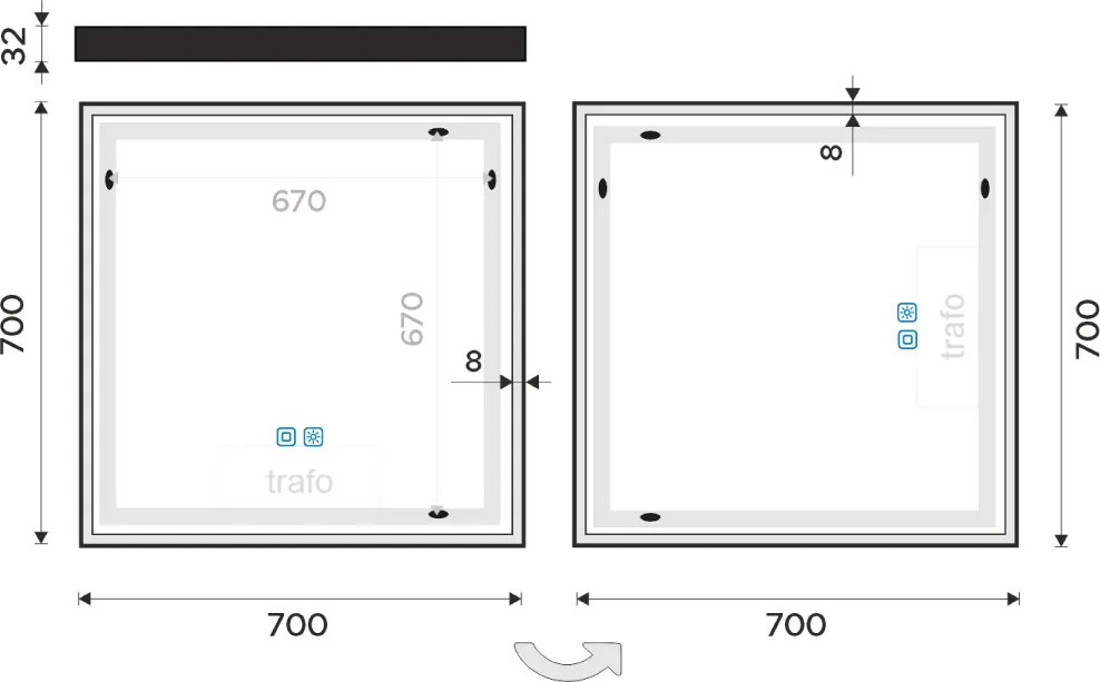 Nimco Čierne LED zrkadlo 700x700 s dvoma dotykovými senzormi - ZPC 13077VX-90