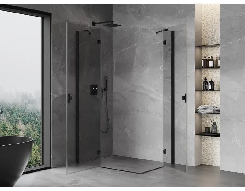 Mexen Mist-H Duo, 2-krídlový výklopný sprchový kút 110 x 85 cm, číre sklo, čierny profil, 8A5-110L-085P-70-00