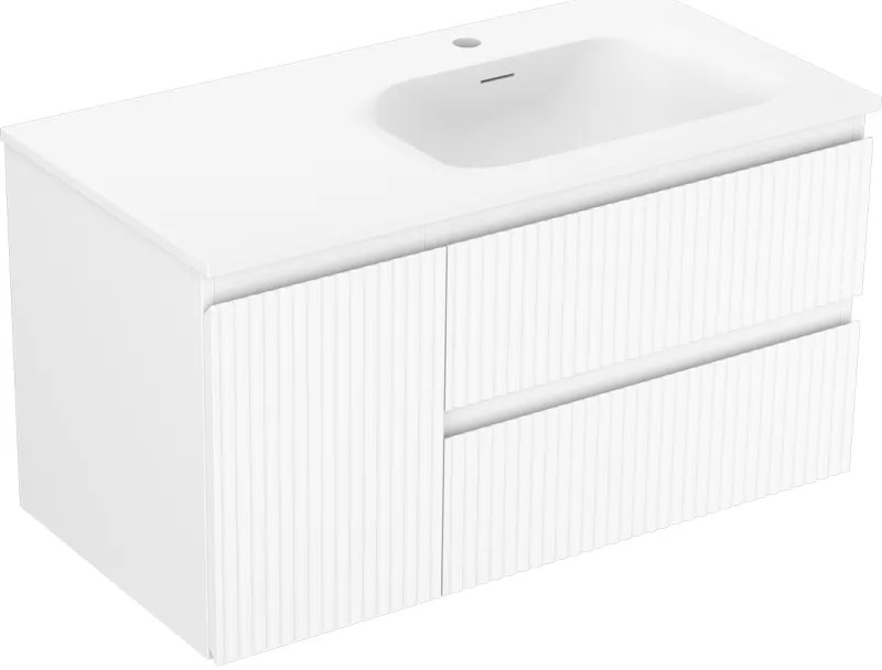 Mexen Rivel, kúpeľňová skrinka 90 cm s pravým umývadlom Vela, 2S, 1D, drážkovaná, biela matná, 91A23-09047-3-BBFFF01-W23P01