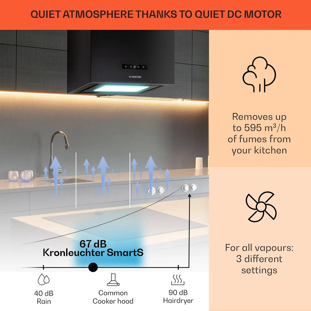 Klarstein Kronleuchter Smart, digestor, 40 cm, ostrovčekový, 595 m³/h, ovládánie cez aplikáciu, LED panel, čierna