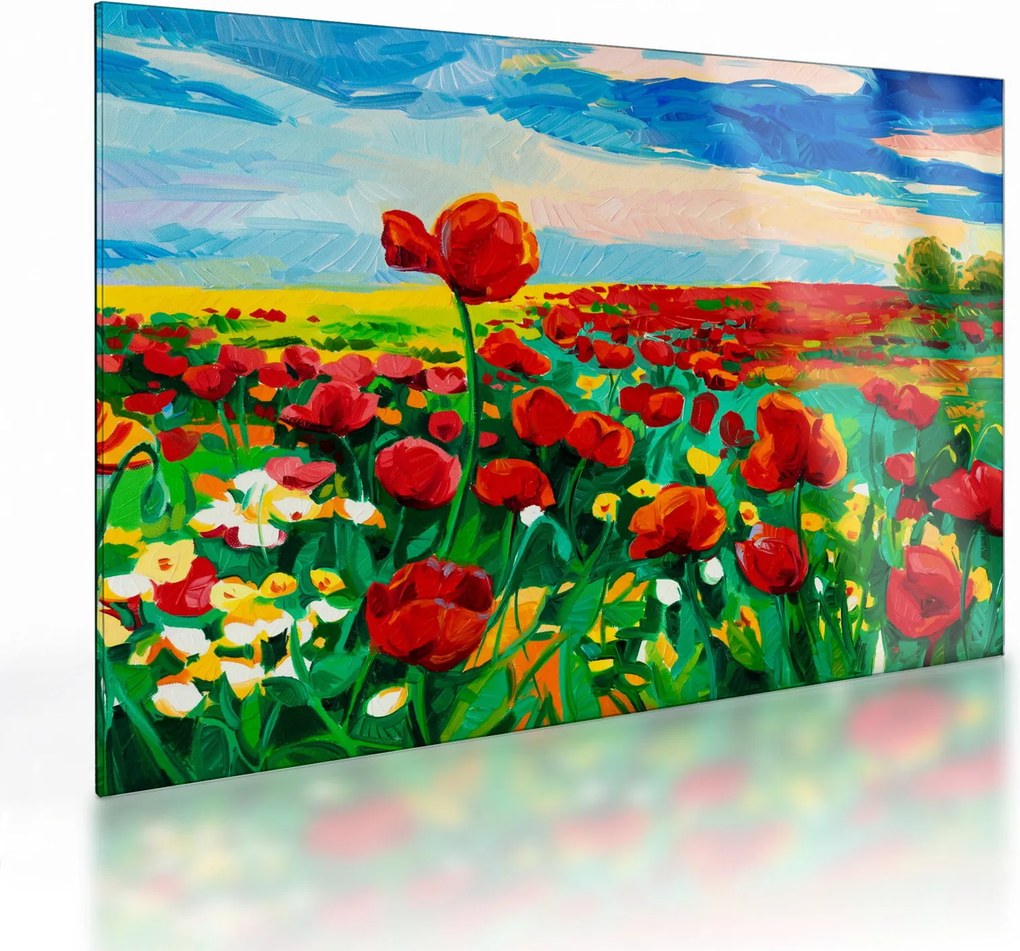 Sklenený obraz poľa s vlčími makmi (70x50 cm)