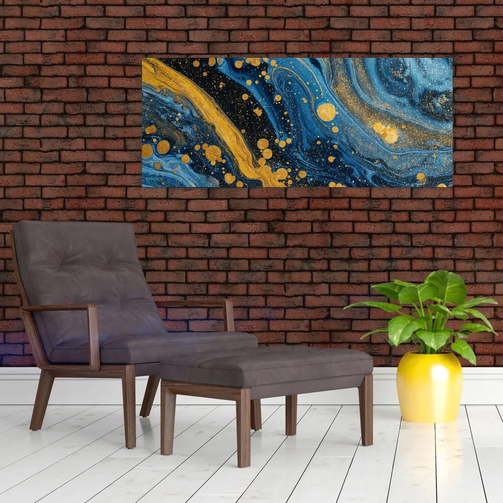 Obraz - Modrá abstrakcia so zlatom (120x50 cm)