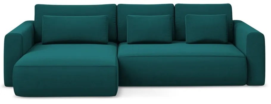 Tyrkysovomodrá zamatová rozkladacia/s úložným priestorom rohová pohovka (ľavý roh/s leňoškou) Kapua – Makamii