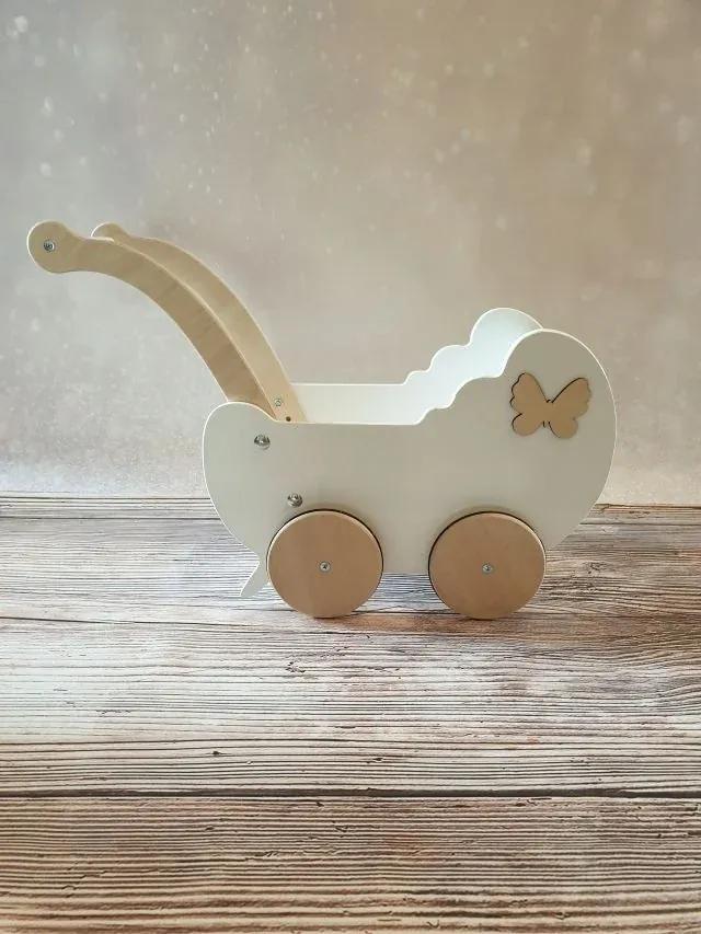 Tuptus Drevený kočík pre bábiky s dekoráciou biela + drevo