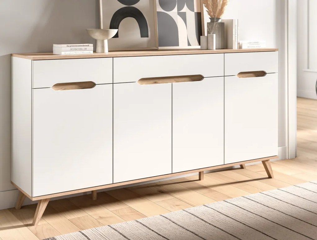 Široká komoda Scandi, biela/dub nox