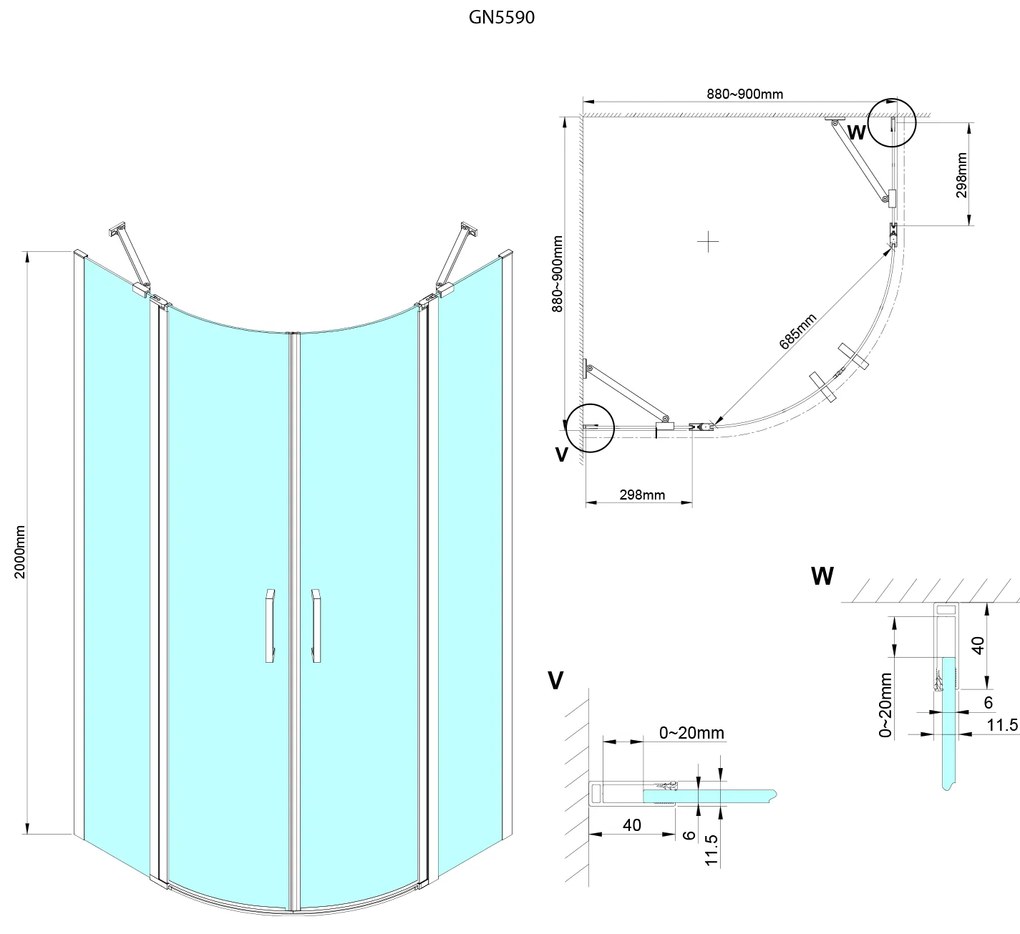 Gelco Gelco, LORO štvrťkruhová sprchová zástena 900x900mm, číre sklo, pravá, GN5590