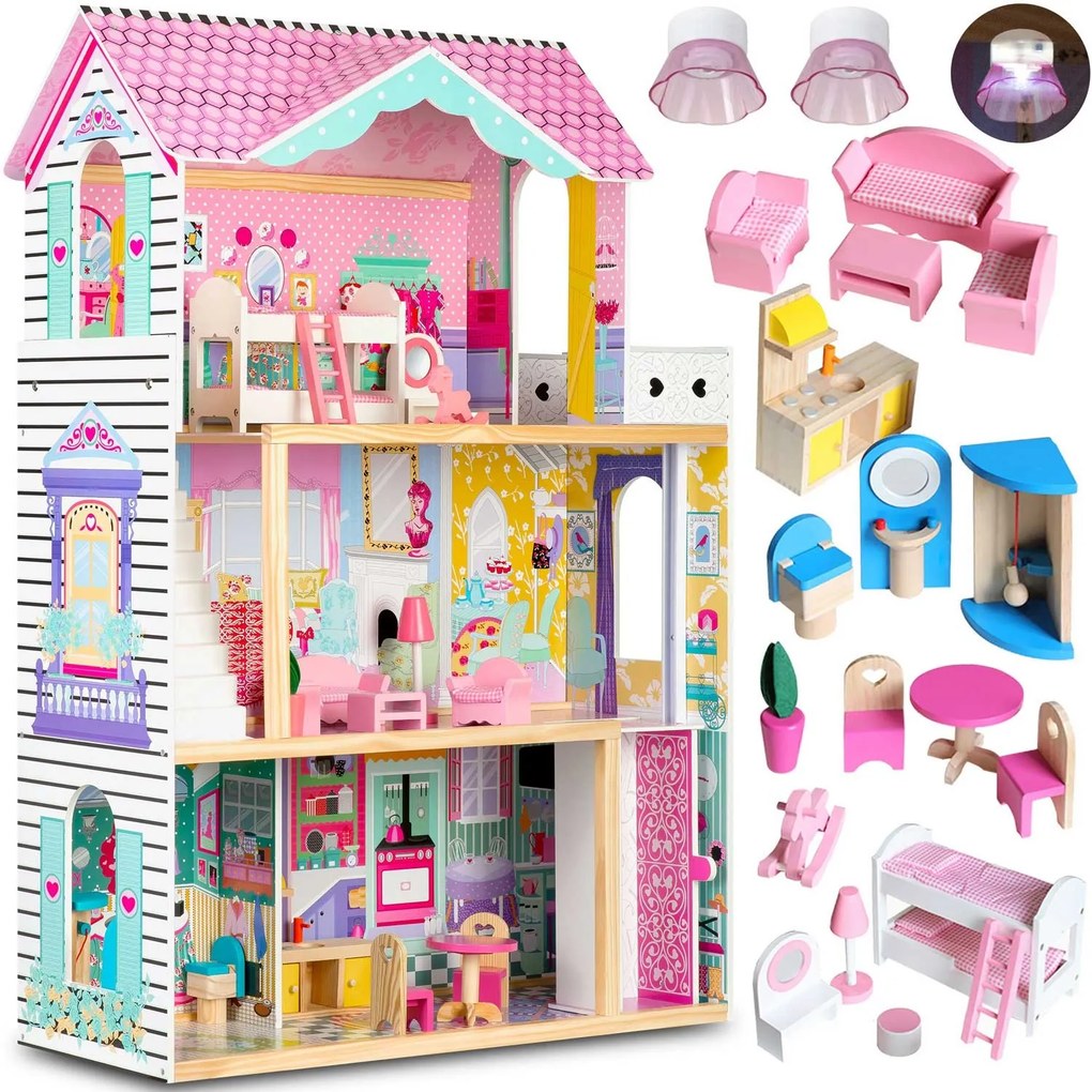 Ricokids Drevený domček pre bábiky veľký 3-poschodový s výťahom a LED osvetlením
