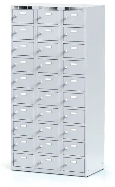 Alfa 3 Šatníková skrinka s úložnými boxami, 30 boxov, 1800 x 900 x 500 mm, otočný zámok, sivé dvere