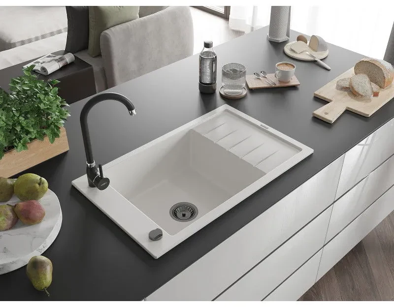 Mexen Elias, 1-komorový granitový drez s odkvapkávačom 795x480x200 mm a čierna matná kuchynská batéria Telma, biela, 6511-20-670200-70