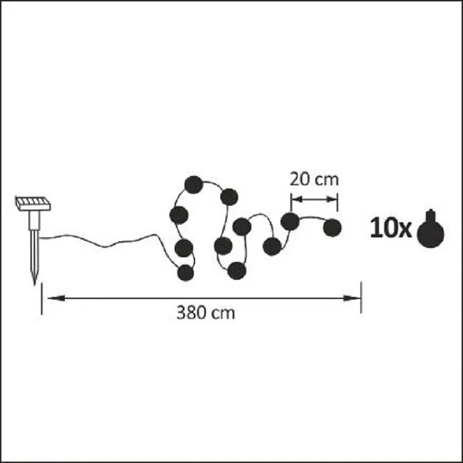 PLX LED solárna reťaz CHILLIWACK, 10x LED dióda, teplá biela, 3,8 m, číre žiarovky