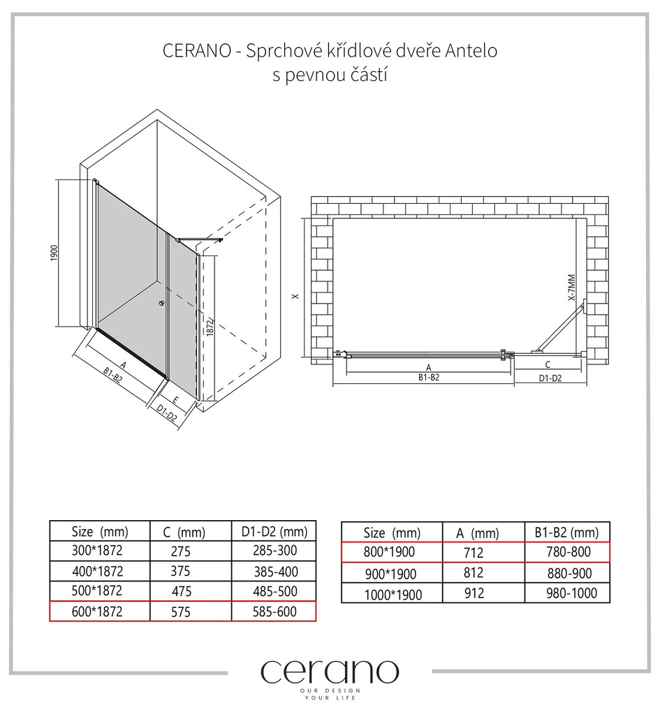 CERANO - Sprchové krídlové dvere Antelo s pevnou časťou L/P - chróm, transparentné sklo - 80x60 cm, CER-CER-435839