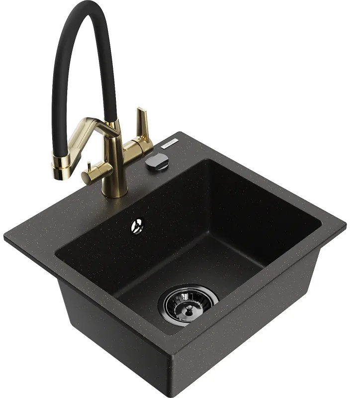 Mexen Milo, granitový drez 435x410x171 mm, 1-komorový a drezová batéria Duo, čierna-zlatá metalíza, 6505-75-671701-57-B