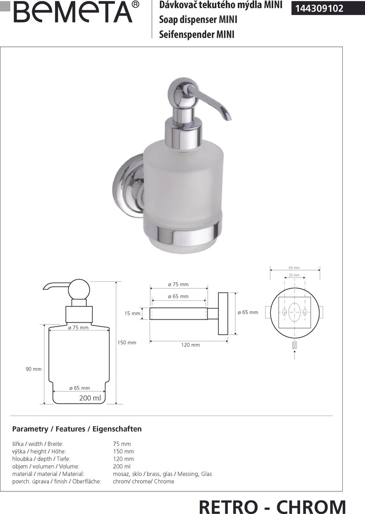 Bemeta Design RETRO chróm: Dávkovač mydla, 200 ml - 144309102