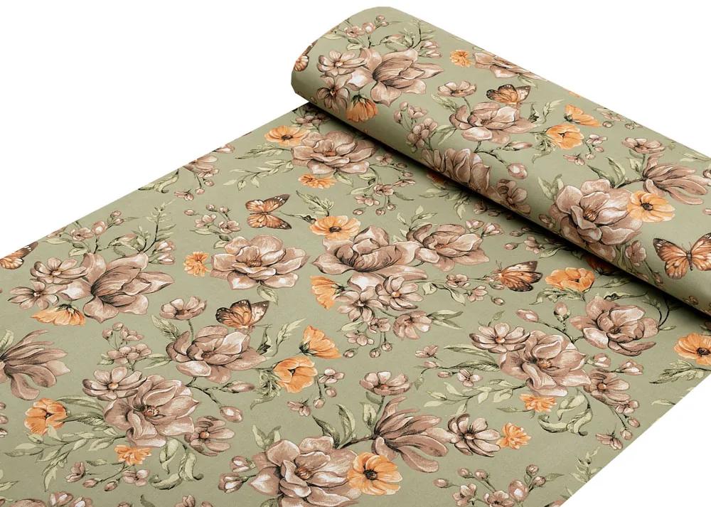 Biante Detské bavlnené posteľné obliečky do postieľky Sandra SA-472 Hnedé kvety magnólie na zelenom Do postieľky 100x135 a 40x60 cm
