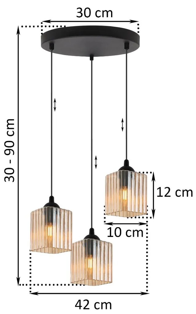 Závesné svietidlo Riffle Square, 3x medové sklenené tienidlo, b, o